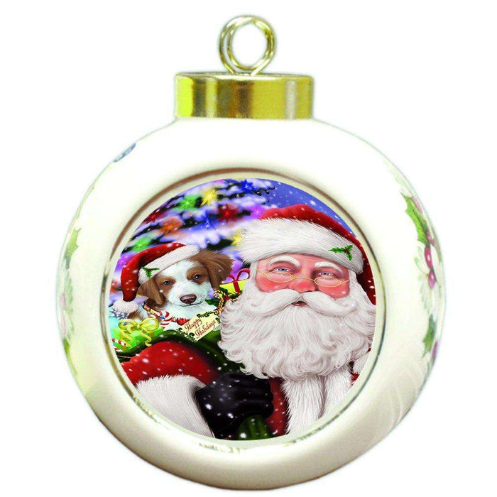 Jolly Old Saint Nick Santa Holding Brittany Spaniel Dog and Happy Holiday Gifts Round Ball Christmas Ornament D201