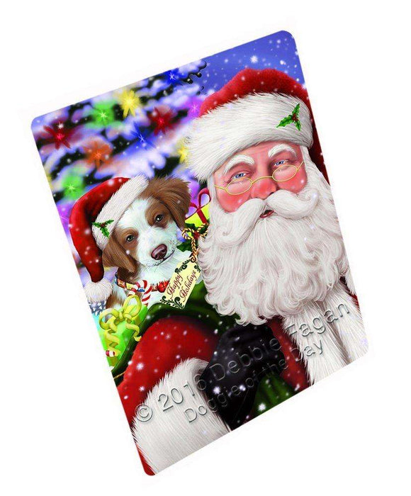 Jolly Old Saint Nick Santa Holding Brittany Spaniel Dog and Happy Holiday Gifts Tempered Cutting Board