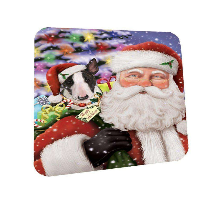 Jolly Old Saint Nick Santa Holding Bull Terrier Dog and Happy Holiday Gifts Coasters Set of 4