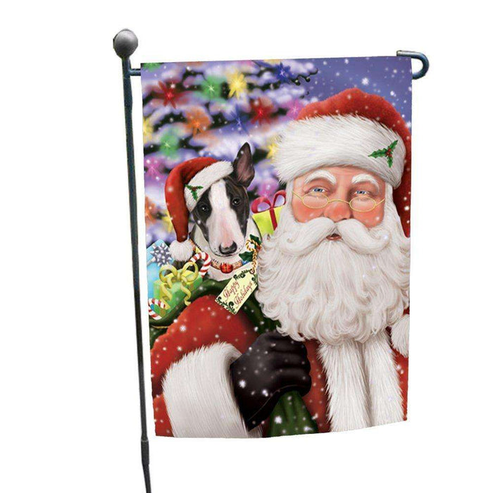 Jolly Old Saint Nick Santa Holding Bull Terrier Dog and Happy Holiday Gifts Garden Flag
