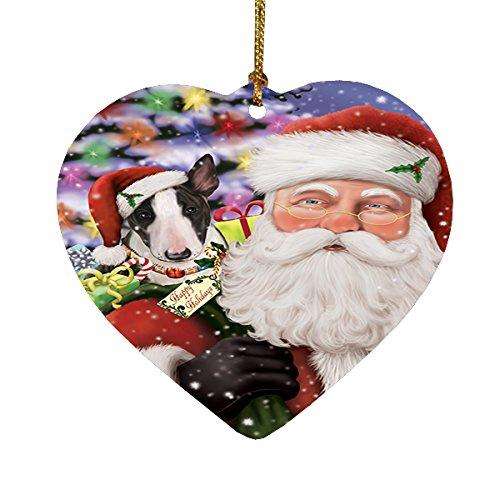 Jolly Old Saint Nick Santa Holding Bull Terrier Dog and Happy Holiday Gifts Heart Christmas Ornament
