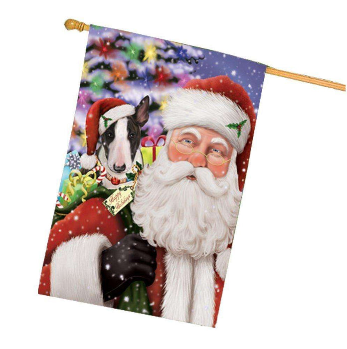 Jolly Old Saint Nick Santa Holding Bull Terrier Dog and Happy Holiday Gifts House Flag