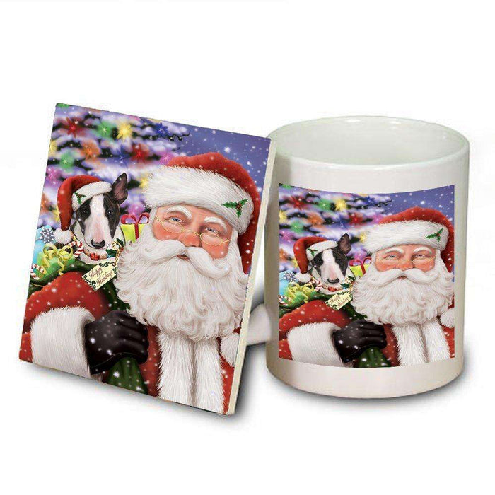 Jolly Old Saint Nick Santa Holding Bull Terrier Dog and Happy Holiday Gifts Mug and Coaster Set