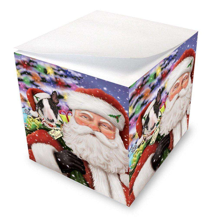Jolly Old Saint Nick Santa Holding Bull Terrier Dog and Happy Holiday Gifts Note Cube D186