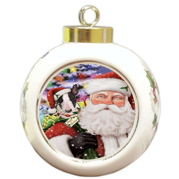 Jolly Old Saint Nick Santa Holding Bull Terrier Dog and Happy Holiday Gifts Round Ball Christmas Ornament