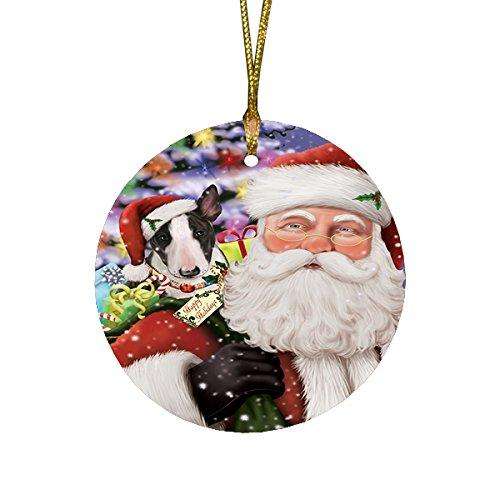 Jolly Old Saint Nick Santa Holding Bull Terrier Dog and Happy Holiday Gifts Round Christmas Ornament