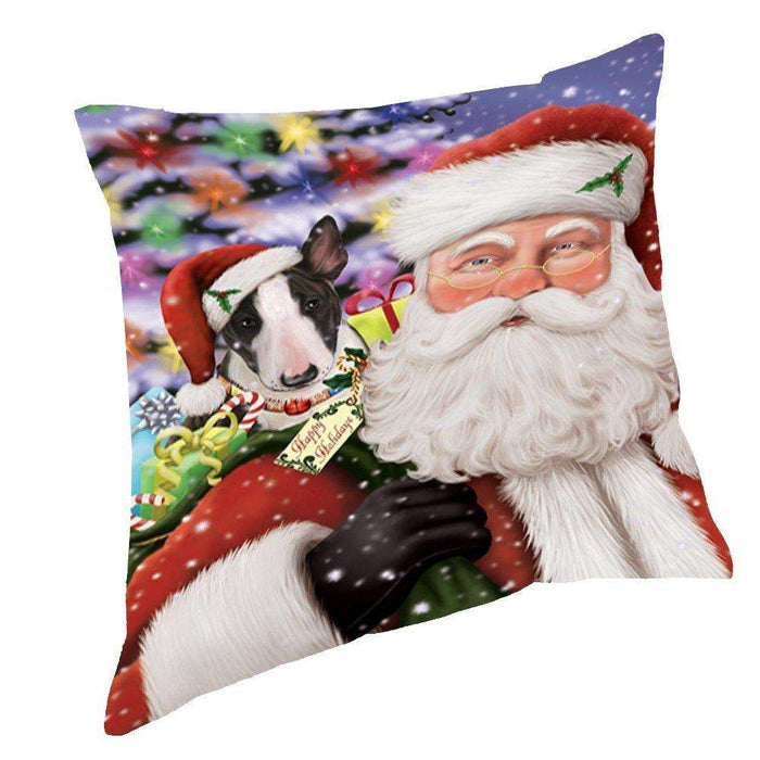 Jolly Old Saint Nick Santa Holding Bull Terrier Dog and Happy Holiday Gifts Throw Pillow