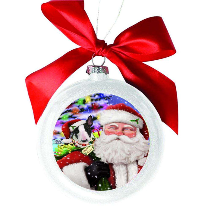 Jolly Old Saint Nick Santa Holding Bull Terrier Dog and Happy Holiday Gifts White Round Ball Christmas Ornament WBSOR48829