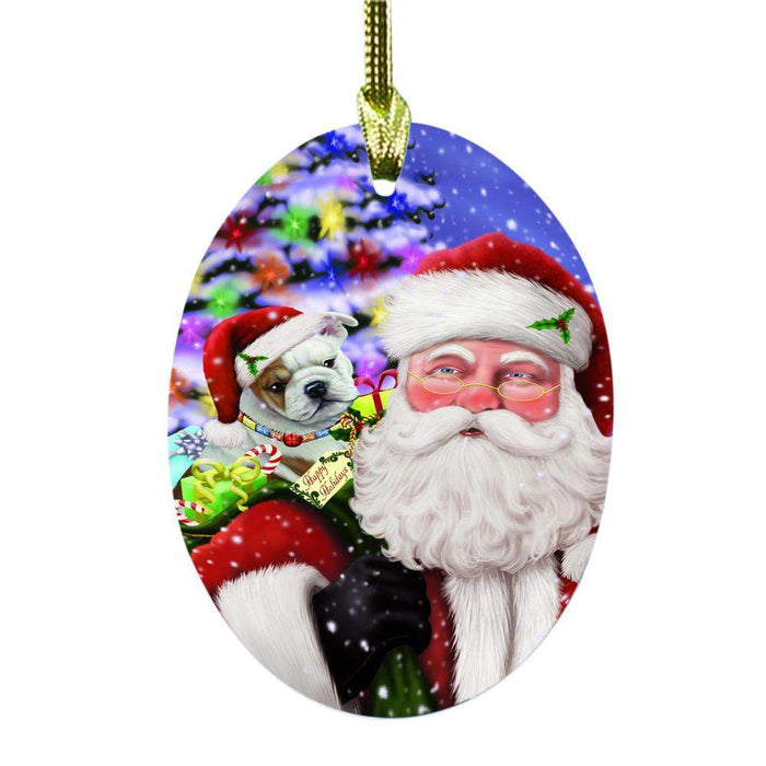 Jolly Old Saint Nick Santa Holding Bulldogs and Happy Holiday Gifts Oval Glass Christmas Ornament OGOR48830