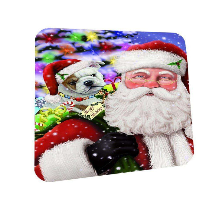 Jolly Old Saint Nick Santa Holding Bulldogs Dog and Happy Holiday Gifts Coasters Set of 4