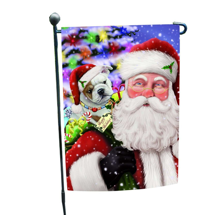 Jolly Old Saint Nick Santa Holding Bulldogs Dog and Happy Holiday Gifts Garden Flag