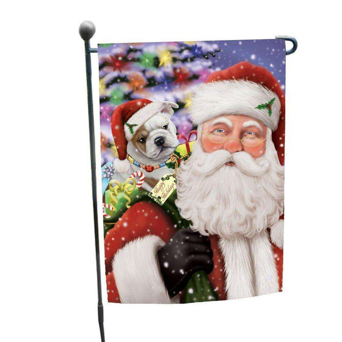 Jolly Old Saint Nick Santa Holding Bulldogs Dog and Happy Holiday Gifts Garden Flag