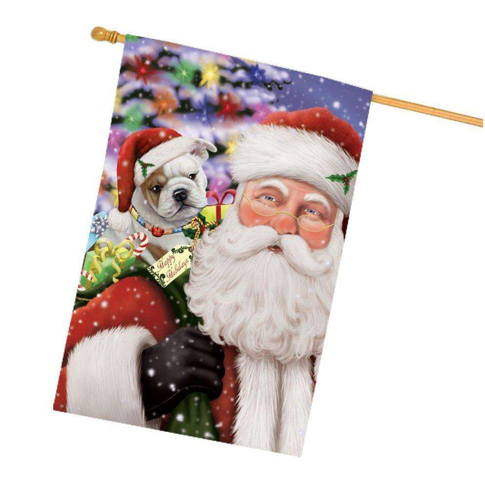 Jolly Old Saint Nick Santa Holding Bulldogs Dog and Happy Holiday Gifts House Flag