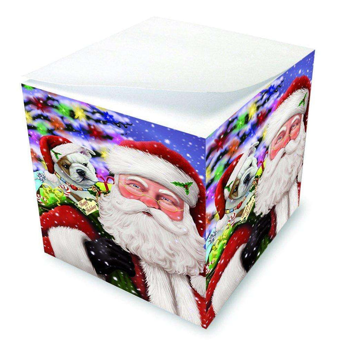 Jolly Old Saint Nick Santa Holding Bulldogs Dog and Happy Holiday Gifts Note Cube D211