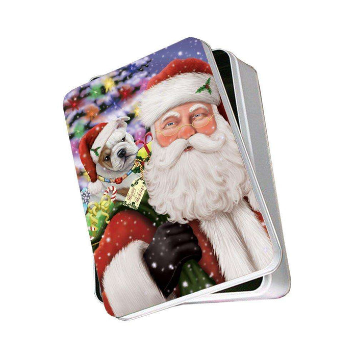 Jolly Old Saint Nick Santa Holding Bulldogs Dog and Happy Holiday Gifts Photo Storage Tin