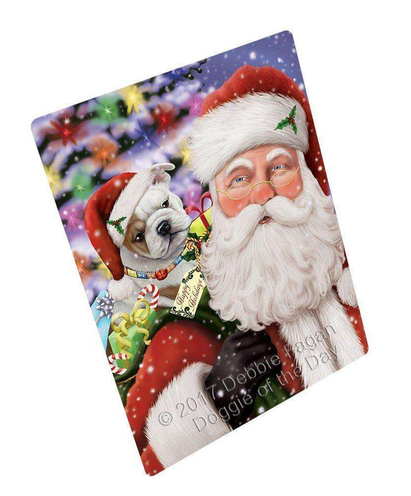 Jolly Old Saint Nick Santa Holding Bulldogs Dog and Happy Holiday Gifts Tempered Cutting Board