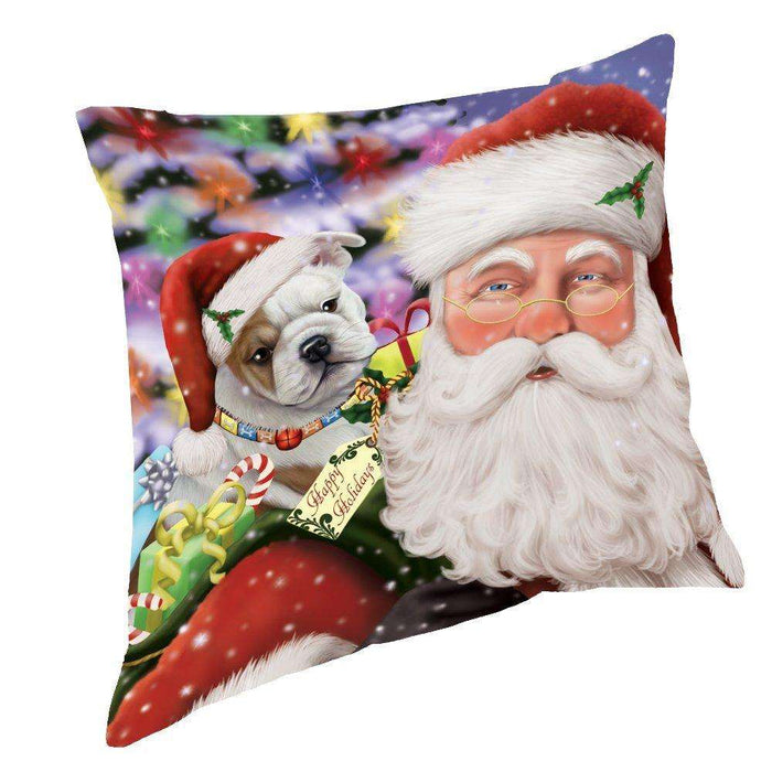 Jolly Old Saint Nick Santa Holding Bulldogs Dog and Happy Holiday Gifts Throw Pillow