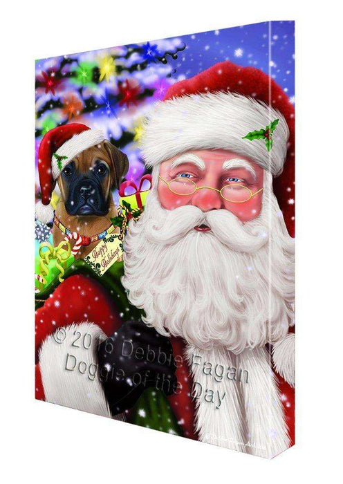 Jolly Old Saint Nick Santa Holding Bullmastiff Dog and Happy Holiday Gifts Canvas Wall Art