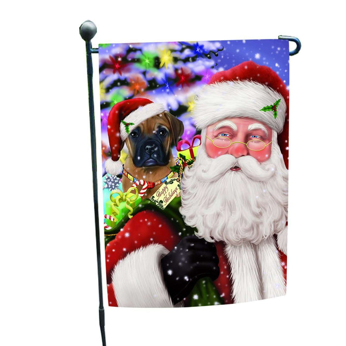 Jolly Old Saint Nick Santa Holding Bullmastiff Dog and Happy Holiday Gifts Garden Flag