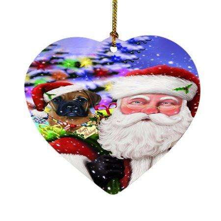 Jolly Old Saint Nick Santa Holding Bullmastiff Dog and Happy Holiday Gifts Heart Christmas Ornament D202