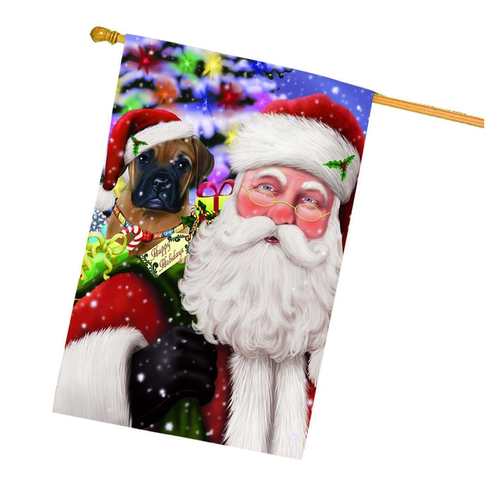 Jolly Old Saint Nick Santa Holding Bullmastiff Dog and Happy Holiday Gifts House Flag
