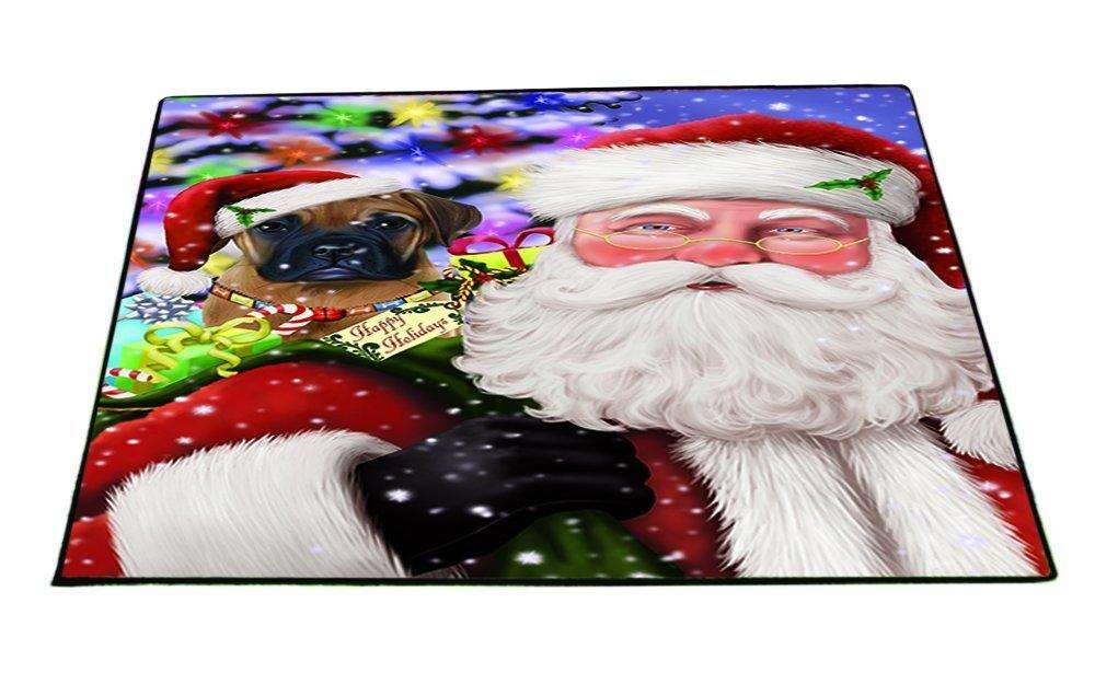 Jolly Old Saint Nick Santa Holding Bullmastiff Dog and Happy Holiday Gifts Indoor/Outdoor Floormat