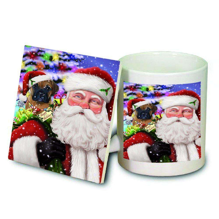 Jolly Old Saint Nick Santa Holding Bullmastiff Dog and Happy Holiday Gifts Mug and Coaster Set