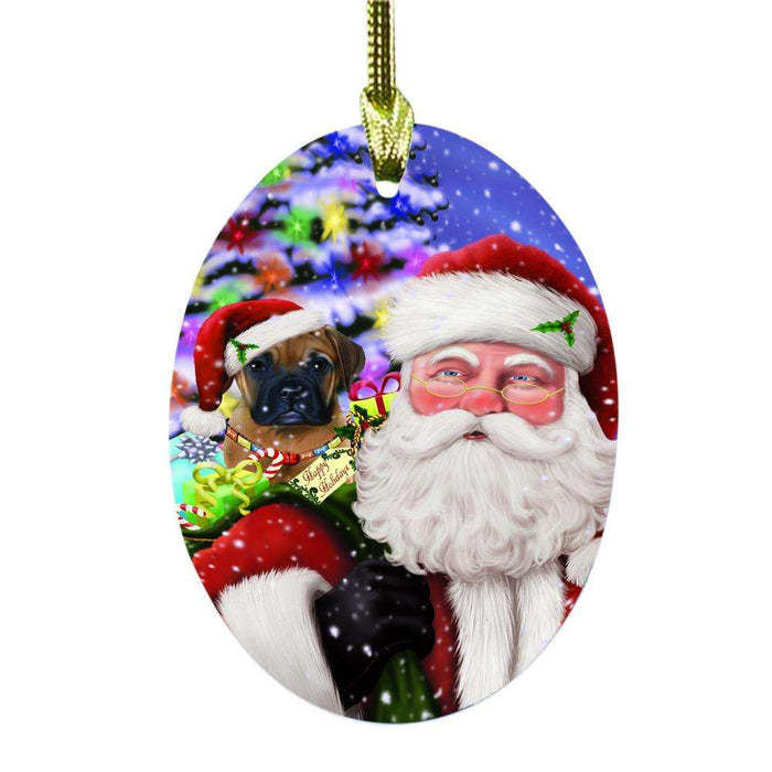 Jolly Old Saint Nick Santa Holding Bullmastiff Dog and Happy Holiday Gifts Oval Glass Christmas Ornament OGOR48831
