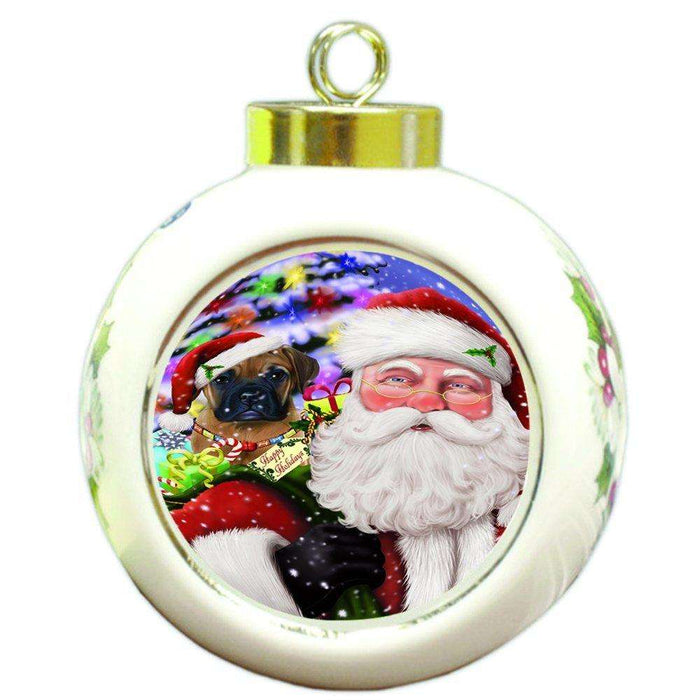 Jolly Old Saint Nick Santa Holding Bullmastiff Dog and Happy Holiday Gifts Round Ball Christmas Ornament D202