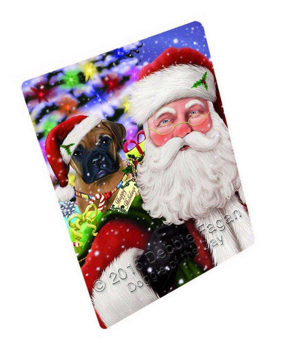 Jolly Old Saint Nick Santa Holding Bullmastiff Dog and Happy Holiday Gifts Tempered Cutting Board