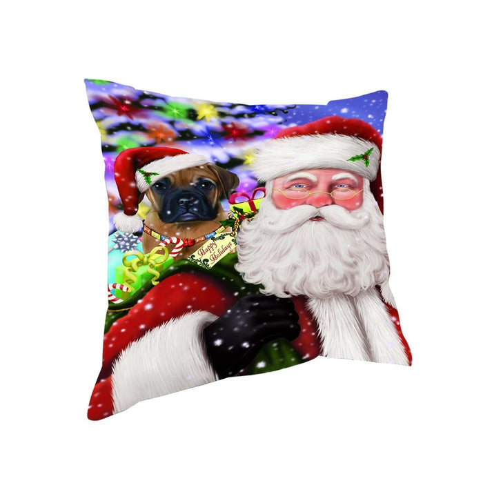 Jolly Old Saint Nick Santa Holding Bullmastiff Dog and Happy Holiday Gifts Throw Pillow