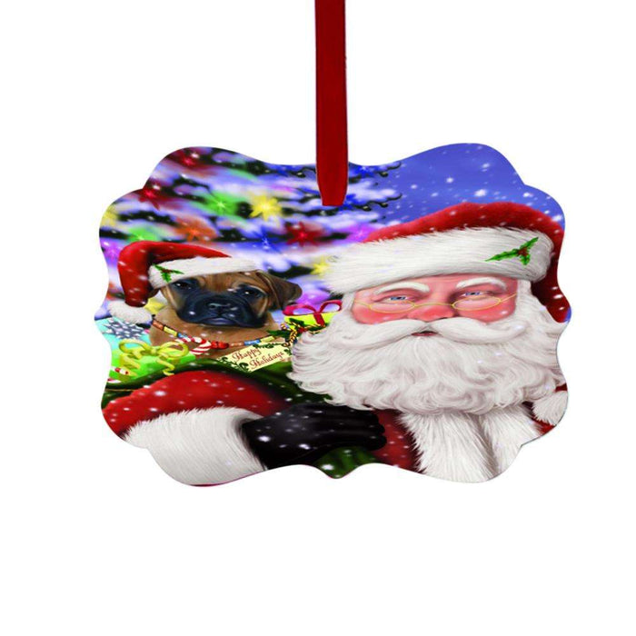 Jolly Old Saint Nick Santa Holding Bullmastiff Dog and Holiday Gifts Double-Sided Photo Benelux Christmas Ornament LOR48831