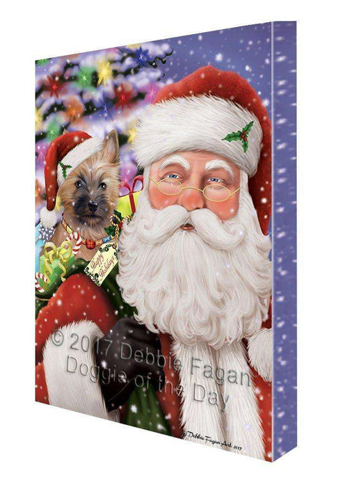 Jolly Old Saint Nick Santa Holding Cairn Terrier Dog and Happy Holiday Gifts Canvas Wall Art