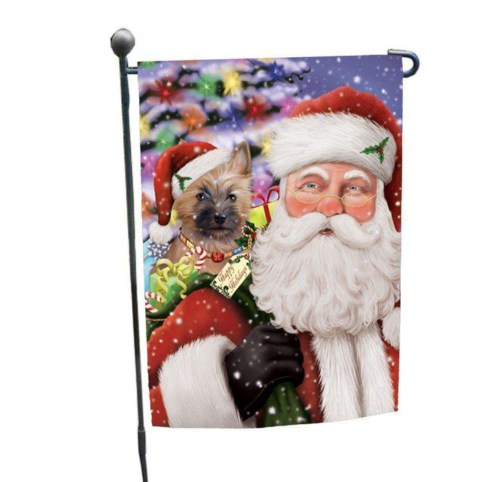 Jolly Old Saint Nick Santa Holding Cairn Terrier Dog and Happy Holiday Gifts Garden Flag