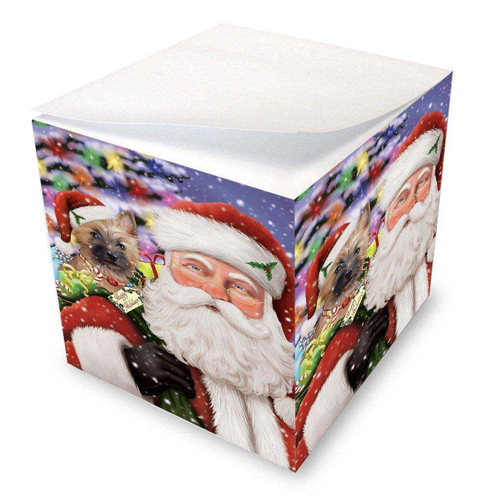 Jolly Old Saint Nick Santa Holding Cairn Terrier Dog and Happy Holiday Gifts Note Cube D187