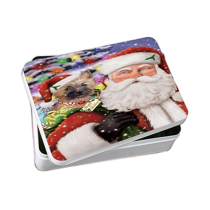 Jolly Old Saint Nick Santa Holding Cairn Terrier Dog and Happy Holiday Gifts Photo Storage Tin