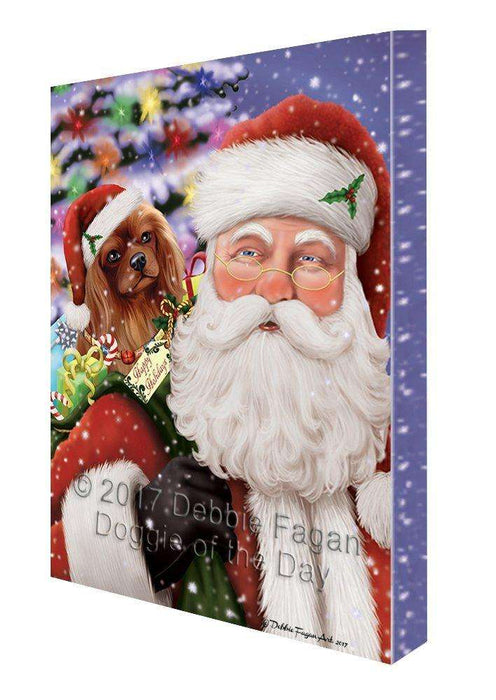 Jolly Old Saint Nick Santa Holding Cavalier King Charles Spaniel Dog and Happy Holiday Gifts Canvas Wall Art