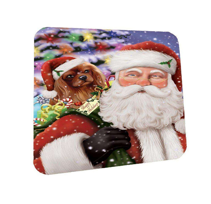 Jolly Old Saint Nick Santa Holding Cavalier King Charles Spaniel Dog and Happy Holiday Gifts Coasters Set of 4