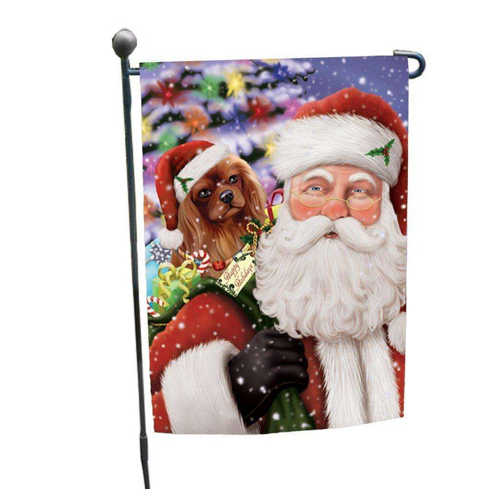 Jolly Old Saint Nick Santa Holding Cavalier King Charles Spaniel Dog and Happy Holiday Gifts Garden Flag