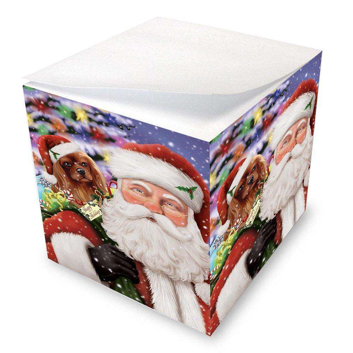 Jolly Old Saint Nick Santa Holding Cavalier King Charles Spaniel Dog and Happy Holiday Gifts Note Cube D188