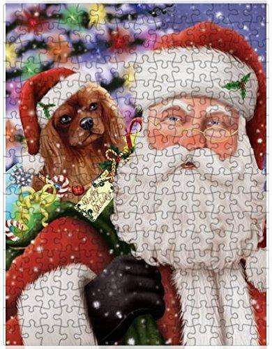 Jolly Old Saint Nick Santa Holding Cavalier King Charles Spaniel Dog and Happy Holiday Gifts Puzzle with Photo Tin
