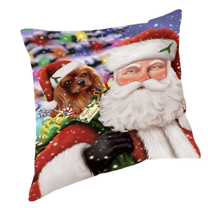 Jolly Old Saint Nick Santa Holding Cavalier King Charles Spaniel Dog and Happy Holiday Gifts Throw Pillow