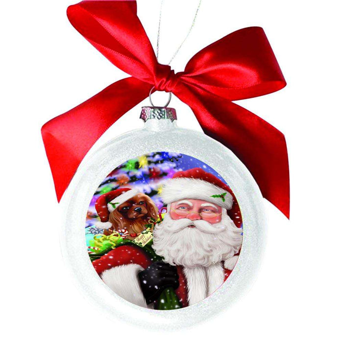 Jolly Old Saint Nick Santa Holding Cavalier King Charles Spaniel Dog and Happy Holiday Gifts White Round Ball Christmas Ornament WBSOR48833