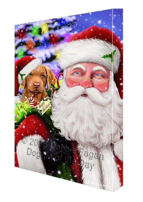 Jolly Old Saint Nick Santa Holding Chesapeake Bay Retriever Dog and Happy Holiday Gifts Canvas Wall Art