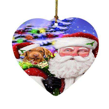Jolly Old Saint Nick Santa Holding Chesapeake Bay Retriever Dog and Happy Holiday Gifts Heart Christmas Ornament D203