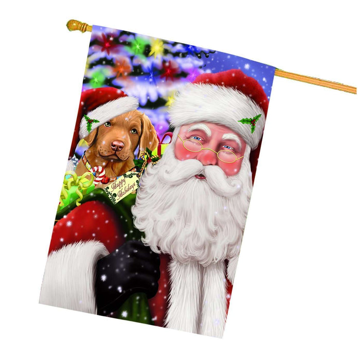 Jolly Old Saint Nick Santa Holding Chesapeake Bay Retriever Dog and Happy Holiday Gifts House Flag