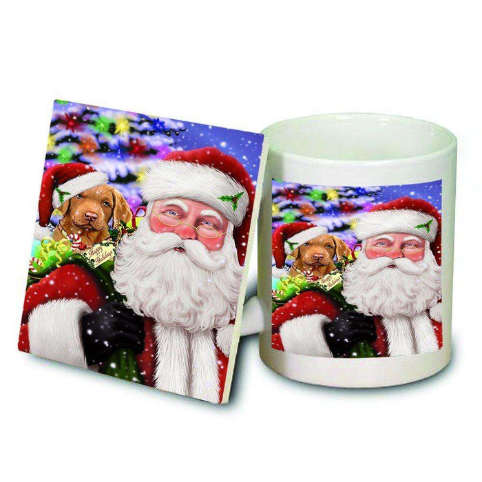 Jolly Old Saint Nick Santa Holding Chesapeake Bay Retriever Dog and Happy Holiday Gifts Mug and Coaster Set