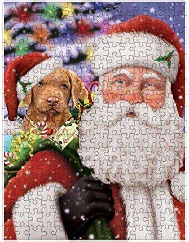 Jolly Old Saint Nick Santa Holding Chesapeake Bay Retriever Dog and Happy Holiday Gifts Puzzle with Photo Tin D336
