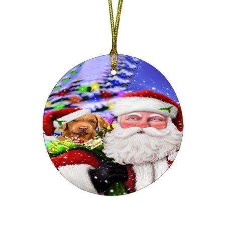 Jolly Old Saint Nick Santa Holding Chesapeake Bay Retriever Dog and Happy Holiday Gifts Round Christmas Ornament D203