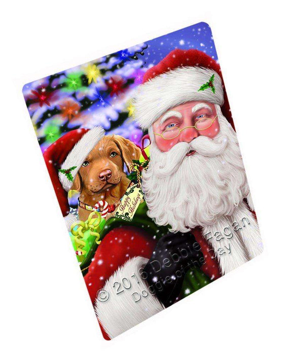 Jolly Old Saint Nick Santa Holding Chesapeake Bay Retriever Dog and Happy Holiday Gifts Tempered Cutting Board